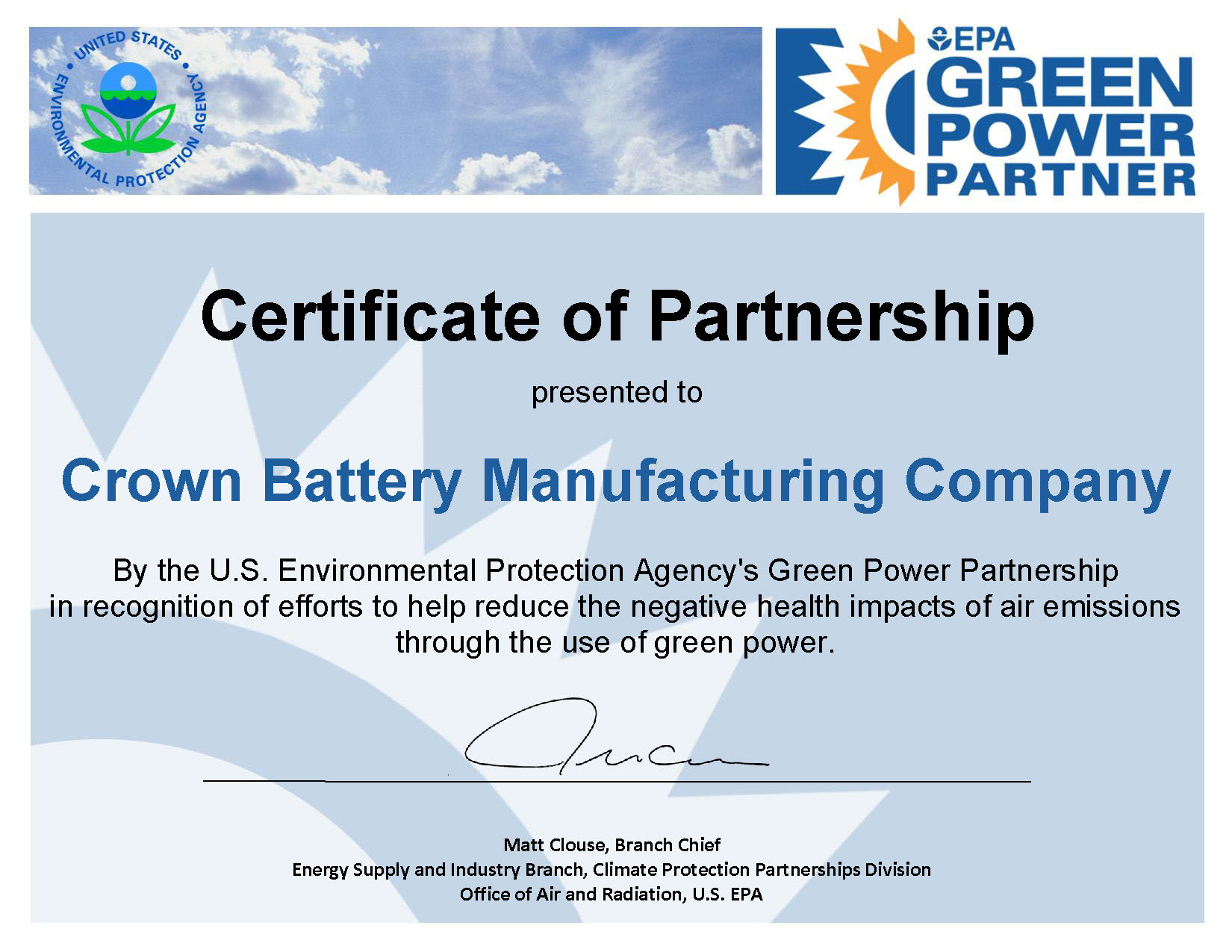 Crown Battery Manufacturing Company_GPP Certificate
